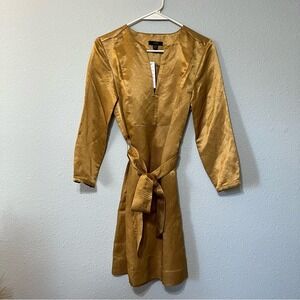J. Crew NWT Shiny Gold Linen Blend V-neck Belted 60’s Style Tunic Dress …